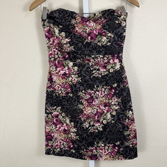 Vintage Y2K Mystic Floral Strapless Bodycon Mini Dress Small Romantic Goth - Picture 1 of 5
